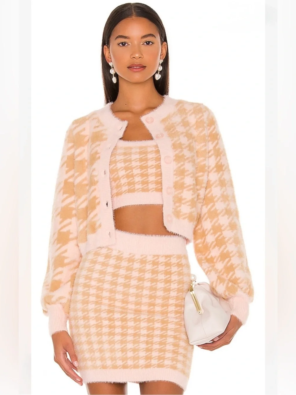 For Love & Lemons “Cher” Cardigan & Tank in Blush/Honey Houndstooth size Small
